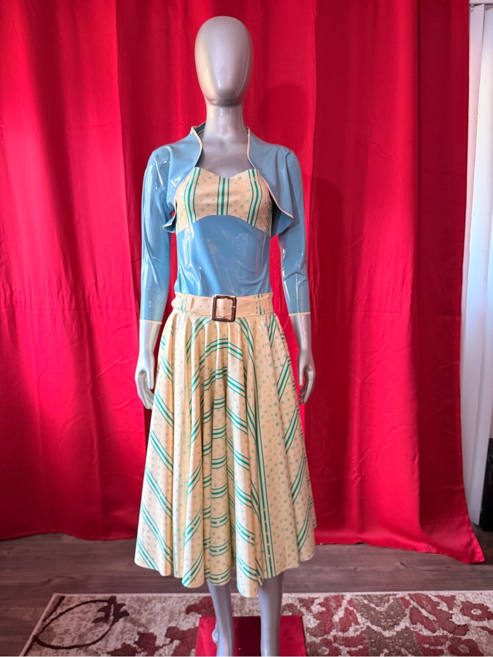 Vintage-Inspired Blue and Cream A-Line Latex Skirt, halter top, and bolero